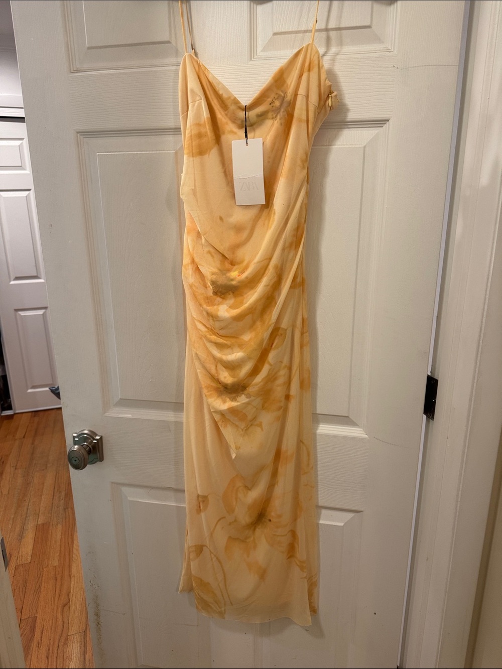 Zara Yellow Marble-Print Maxi Slip Dress